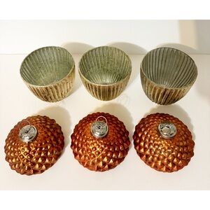 3 At Home W/Jorge Parez Antiqued Glass Lidded Acorns, Gold & Burnt Orange, NEW